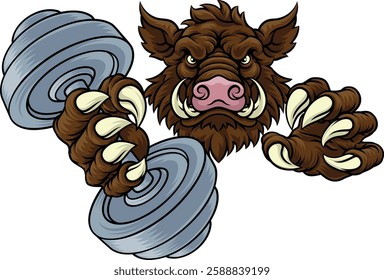 A wild boar, hog razorback warthog pig weight lifting trainer, exercise or body building gym cartoon sports mascot holding weights dumbbell