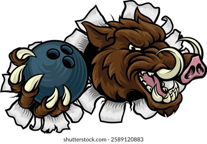 A wild boar, hog razorback warthog pig mean tough cartoon sports mascot holding a bowling ball