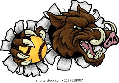 A wild boar, hog razorback warthog pig mean tough cartoon sports mascot holding a softball ball 