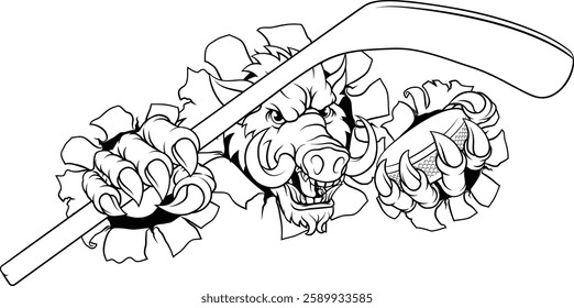 A wild boar, hog razorback warthog pig hockey sports cartoon mascot 