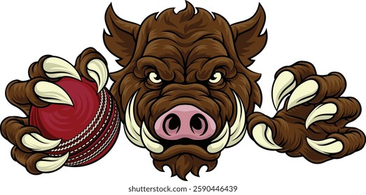 A wild boar, hog razorback warthog pig mean tough cartoon sports mascot holding a cricket ball