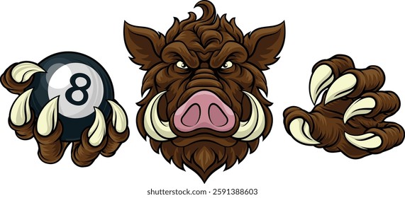 A wild boar, hog razorback warthog pig mean tough cartoon sports mascot holding a pool black eight ball