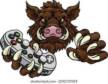 A wild boar, hog razorback warthog pig gamer sports video game gaming mascot holding a games controller