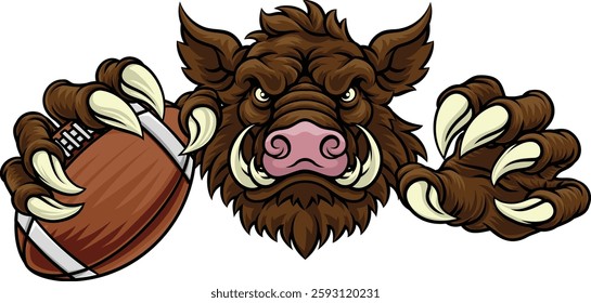 A wild boar, hog razorback warthog pig mean tough cartoon sports mascot holding an American football ball