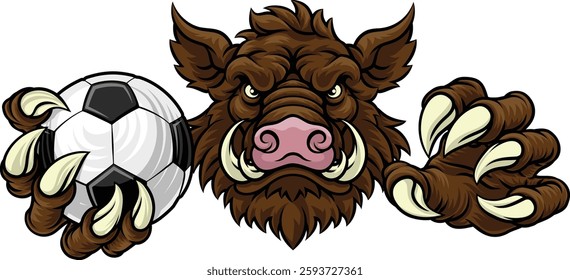 A wild boar, hog razorback warthog pig mean tough cartoon sports mascot holding a soccer football ball