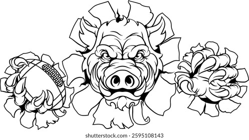 A wild boar, hog razorback warthog pig mean tough cartoon sports mascot holding an American football ball