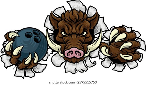 A wild boar, hog razorback warthog pig mean tough cartoon sports mascot holding a bowling ball