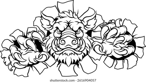 A wild boar, hog razorback warthog pig mean tough cartoon sports mascot