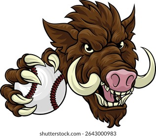 A wild boar, hog razorback warthog pig mean tough cartoon sports mascot holding a baseball ball
