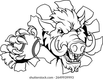 Um javali selvagem, porco javali javali javali braçal porco selvagem significa mascote de esportes de desenhos animados duros segurando uma bola de beisebol ou softball