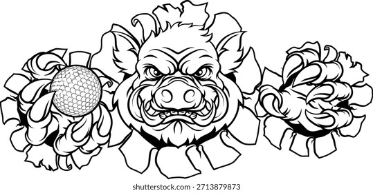 A wild boar, hog razorback warthog pig mean tough cartoon sports mascot holding a golf ball