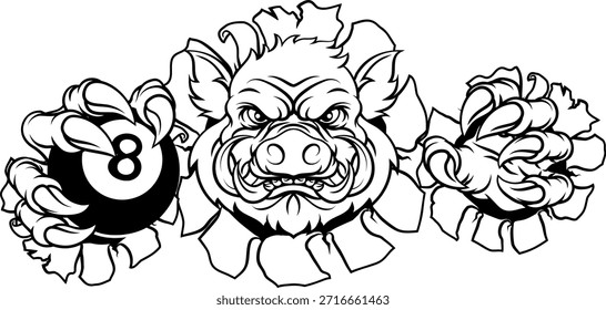 A wild boar, hog razorback warthog pig mean tough cartoon sports mascot holding a pool black eight ball