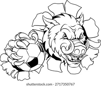 A wild boar, hog razorback warthog pig mean tough cartoon sports mascot holding a soccer football ball