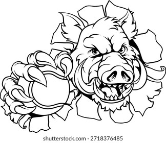 A wild boar, hog razorback warthog pig mean tough cartoon sports mascot holding a tennis ball 