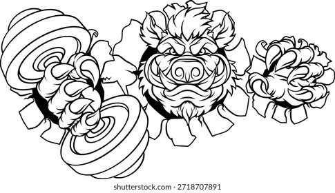 A wild boar, hog razorback warthog pig weight lifting trainer, exercise or body building gym cartoon sports mascot holding weights dumbbell