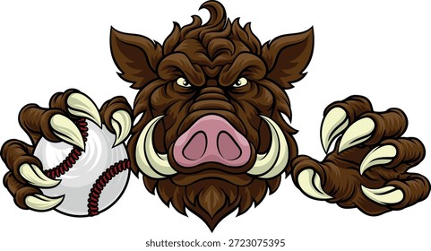 Un jabalí salvaje, un cerdo jabalí de la navaja del cerdo significan la mascota dura de los deportes de la historieta que sostiene una pelota de béisbol