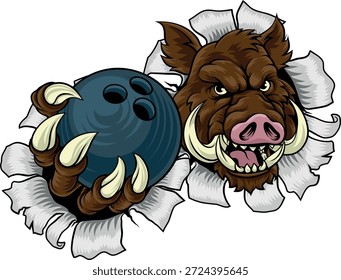 Ein Wildschwein, Hund Rasierer Warzenschwein bedeuten harte Cartoon Sport Maskottchen halten einen Bowling Ball