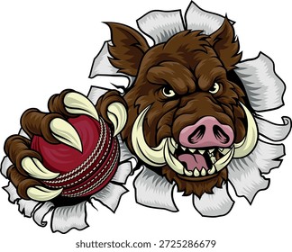 Ein Wildschwein, Hund Rasierer Warzenschwein bedeuten harte Cartoon Sport Maskottchen halten einen Cricket-Ball