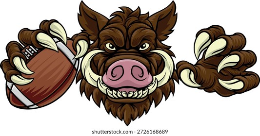 Um javali selvagem, porco javali javali javali javali braçal malvado mascote de esportes de desenhos animados duros segurando uma bola de futebol americano