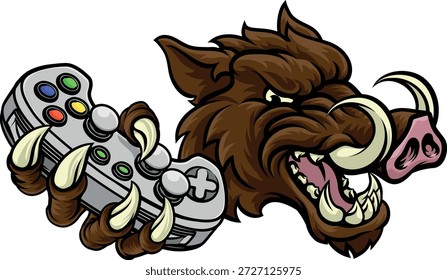Ein Wildschwein, hog razorback warthog Schwein Gamer Sport-Videospiel-Maskottchen mit einem Spiele-Controller