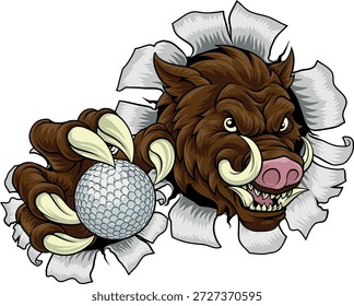 Ein Wildschwein, Hog Rasierer Warzenschwein bedeuten harte Cartoon Sport Maskottchen halten einen Golfball