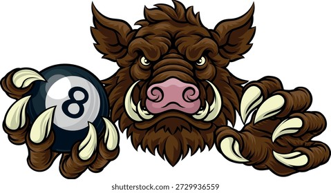 Um javali selvagem, porco javali javali javali javali braçal malvado mascote de esportes de desenhos animados duros segurando uma bola de oito preto piscina