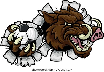 Ein Wildschwein, Hog Rasierer Warzenschwein bedeuten harte Cartoon Sport Maskottchen halten einen Fußball-Ball
