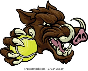 Ein Wildschwein, Hund Rasiermesser Warzenschwein bedeuten harte Cartoon Sport Maskottchen halten einen Tennisball 