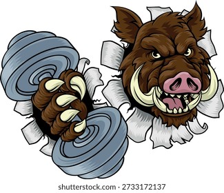 Ein Wildschwein, Hund Rasiermesser Warthog Schwein Gewichtheben Trainer, Übung oder Body Building Fitness-Studio Cartoon Sport Maskottchen Gewichte halten Hantel