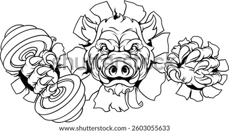 A wild boar, hog razorback warthog pig weight lifting trainer, exercise or body building gym cartoon sports mascot holding weights dumbbell