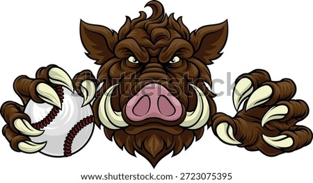 A wild boar, hog razorback warthog pig mean tough cartoon sports mascot holding a baseball ball