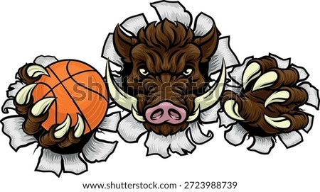 A wild boar, hog razorback warthog pig mean tough cartoon sports mascot holding a basketball ball