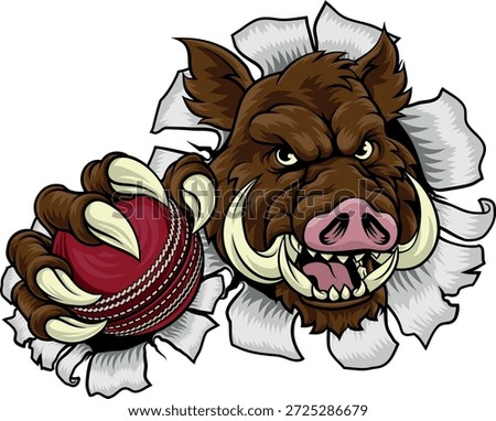 A wild boar, hog razorback warthog pig mean tough cartoon sports mascot holding a cricket ball