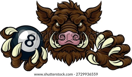 A wild boar, hog razorback warthog pig mean tough cartoon sports mascot holding a pool black eight ball