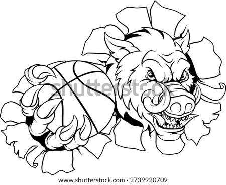 A wild boar, hog razorback warthog pig mean tough cartoon sports mascot holding a basketball ball