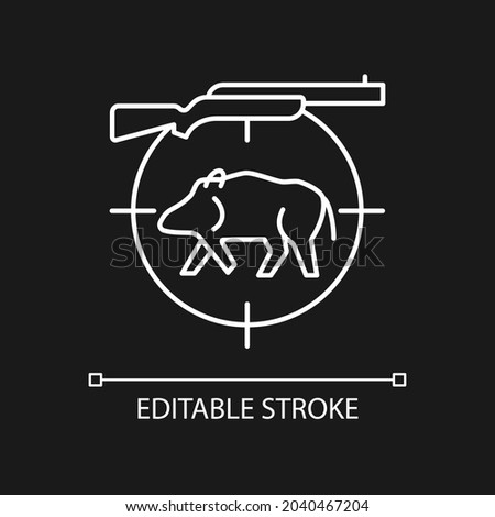 Wild boar hunting white linear icon for dark theme. Capture and kill wild hog. Feral peccary. Thin line customizable illustration. Isolated vector contour symbol for night mode. Editable stroke