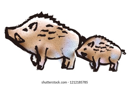 Wild boar illustration in brushstroke and watercolor style. Vector illustration. 