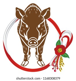 Wild Boar and Japanese wreath decoration -Camellia