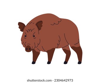 Wild boar, large forest pig, hog with brown fur. European Eurasian Sus Scrofa, swine beast. Woods fauna, omnivore mammal. Flat vector illustration isolated on white background