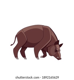Wild boar looking for food. Cartoon character of a big mammal animal. A wild forest creature with brown fur. Side view. Vector flat illustration isolated on a white background.