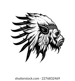 Wild boar in native chief headgear a Hand drawn illustration in black and white line art