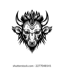 Wild boar in native chief headgear a Hand drawn illustration in black and white line art