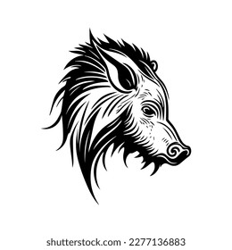 Wild boar in native chief headgear a Hand drawn illustration in black and white line art