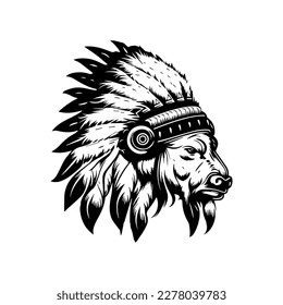 Wild boar in native chief headgear a Hand drawn illustration in black and white line art