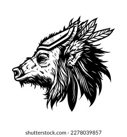 Wild boar in native chief headgear a Hand drawn illustration in black and white line art