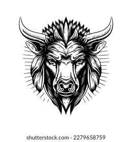 Wild boar in native chief headgear a Hand drawn illustration in black and white line art