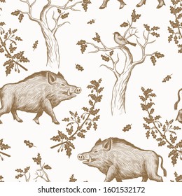 
Wild boar, oak, bird, oak branches with leaves and acorns. Vector vintage seamless pattern.  Forest animal in its habitat.