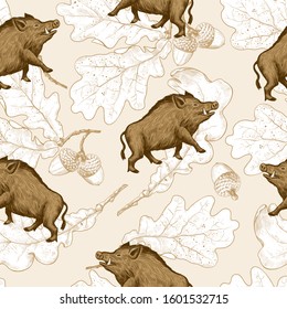 
Wild boar and oak branches with leaves and acorns. Vector vintage seamless pattern. Wild animals design. 
