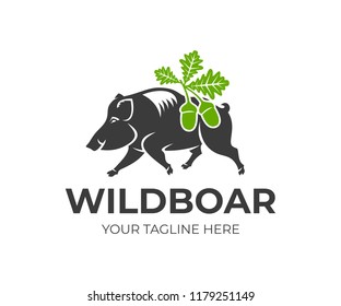 Wild boar and oak leaves with acorns, logo design. Animal, hunting, nature and wildlife, vector design and illustration