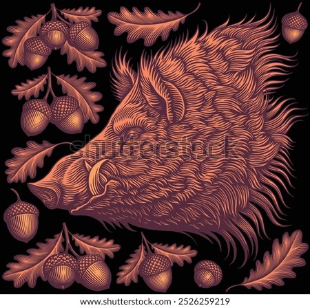 Wild boar and oak leaves. Design set. Editable hand drawn illustration. Vector vintage engraving. Isolated on black background. 8 EPS